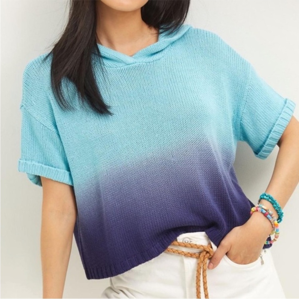 NEW 525 America Womens Ombre Knit Hoodie Short Sleeve Sweater‎ Indigo Small